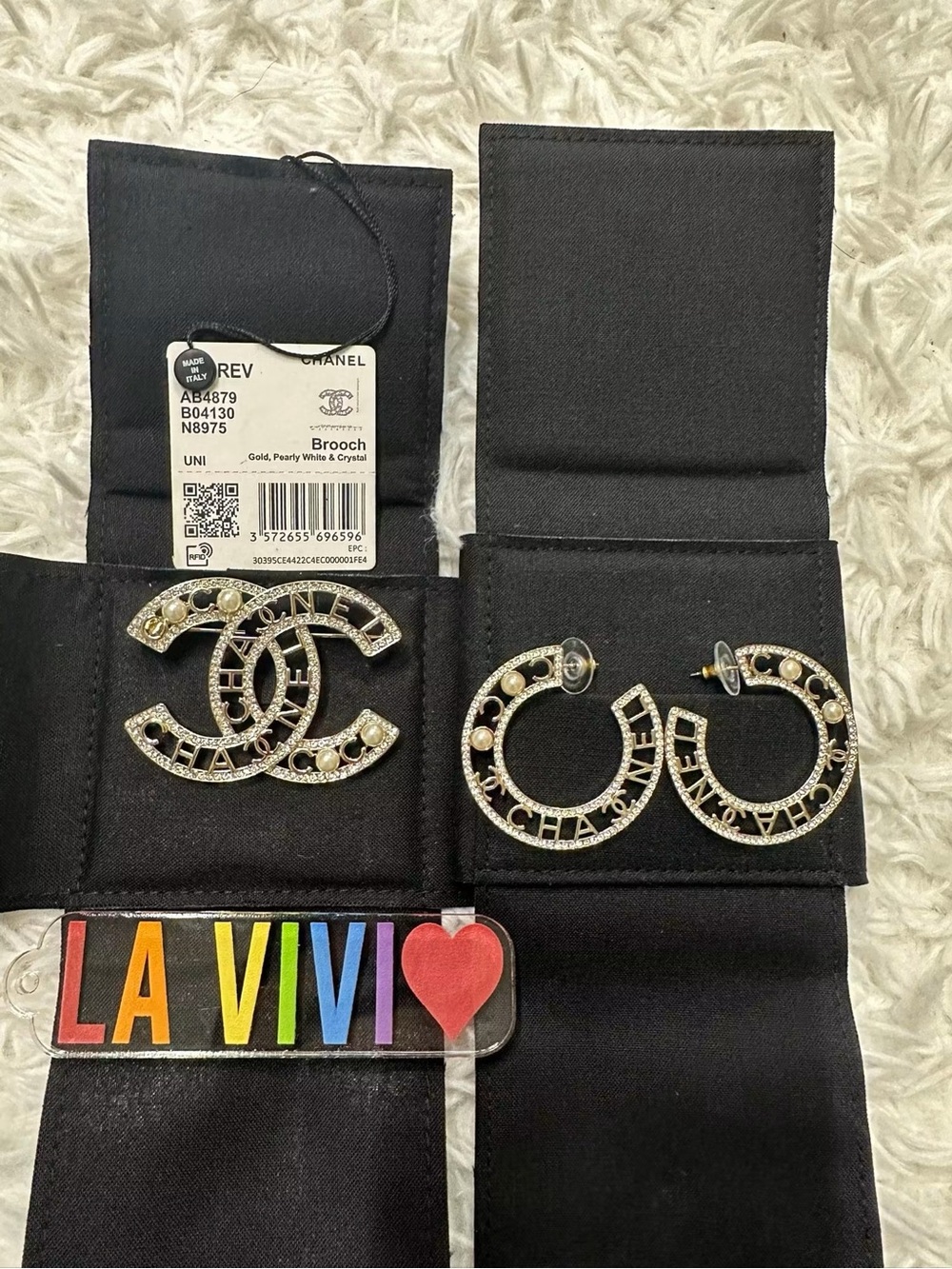 CHANEL Gold Pearl & Crystal CC Logo Brooch and Earrings